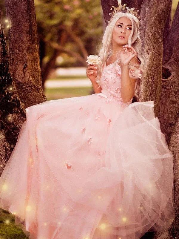 A-Line/Elegant Off-the-Shoulder Applique Tulle Sleeveless Floor-Length Prom Dresses by misshow.com