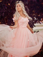 A-Line/Elegant Off-the-Shoulder Applique Tulle Sleeveless Floor-Length Prom Dresses by misshow.com