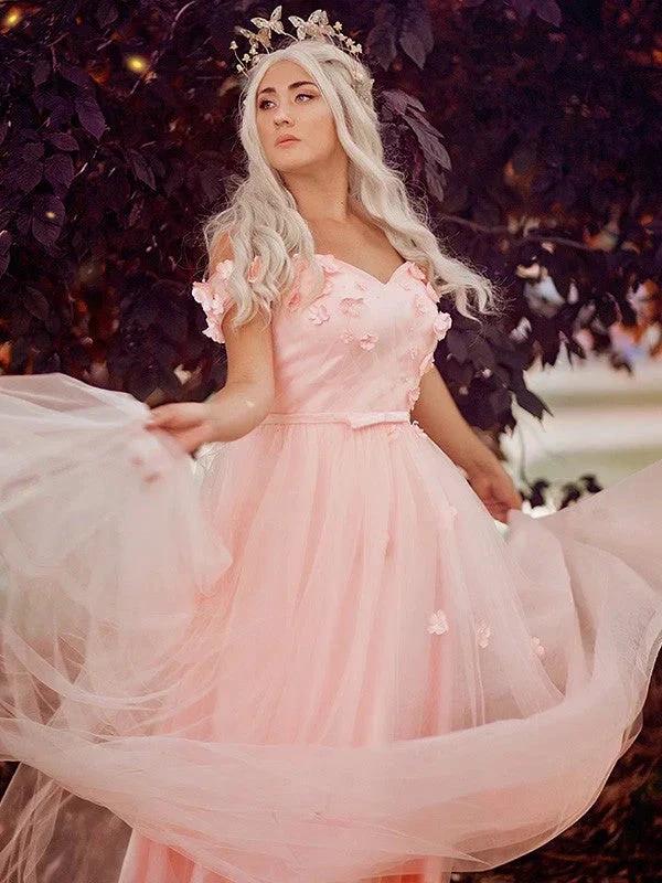 A-Line/Elegant Off-the-Shoulder Applique Tulle Sleeveless Floor-Length Prom Dresses by misshow.com