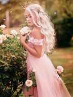 A-Line/Elegant Off-the-Shoulder Applique Tulle Sleeveless Floor-Length Prom Dresses by misshow.com