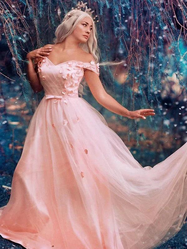 A-Line/Elegant Off-the-Shoulder Applique Tulle Sleeveless Floor-Length Prom Dresses by misshow.com