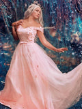 A-Line/Elegant Off-the-Shoulder Applique Tulle Sleeveless Floor-Length Prom Dresses by misshow.com