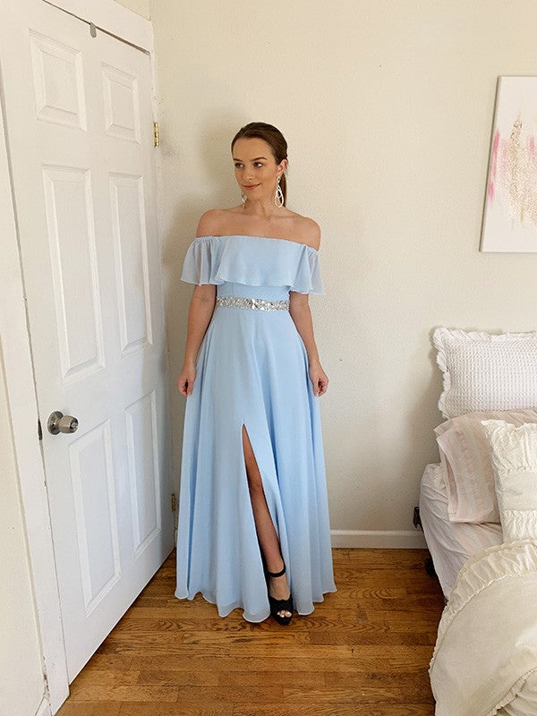 Elegante vestido de fiesta de gasa con hombros descubiertos, cuentas y sin mangas hasta el suelo Main Image