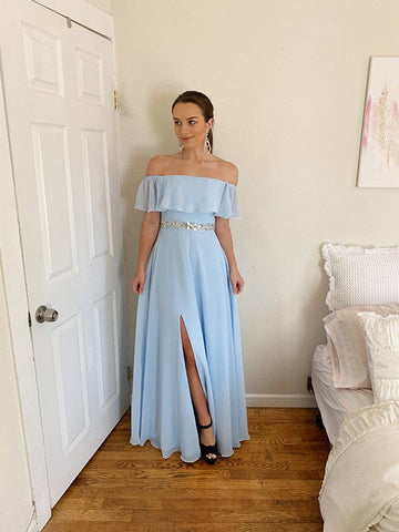 A-Linie/Elegant Off-the-Shoulder Perlen verziert Chiffon Bodenlang Ärmellos Ballkleider