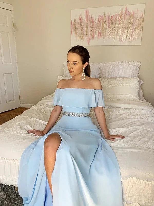 A-Line/Elegant Off-the-Shoulder Beading Chiffon Floor-Length Sleeveless Prom Dresses by misshow.com