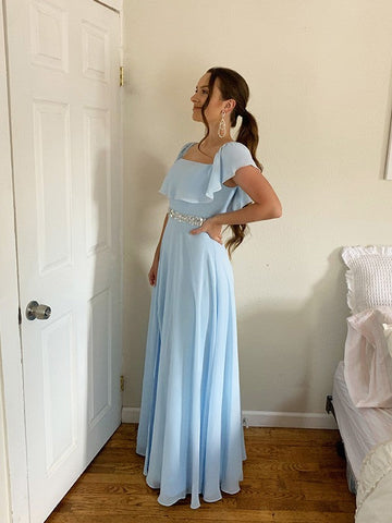 A-Linie/Elegant Off-the-Shoulder Perlen verziert Chiffon Bodenlang Ärmellos Ballkleider