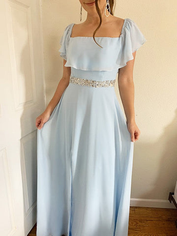 A-Linie/Elegant Off-the-Shoulder Perlen verziert Chiffon Bodenlang Ärmellos Ballkleider