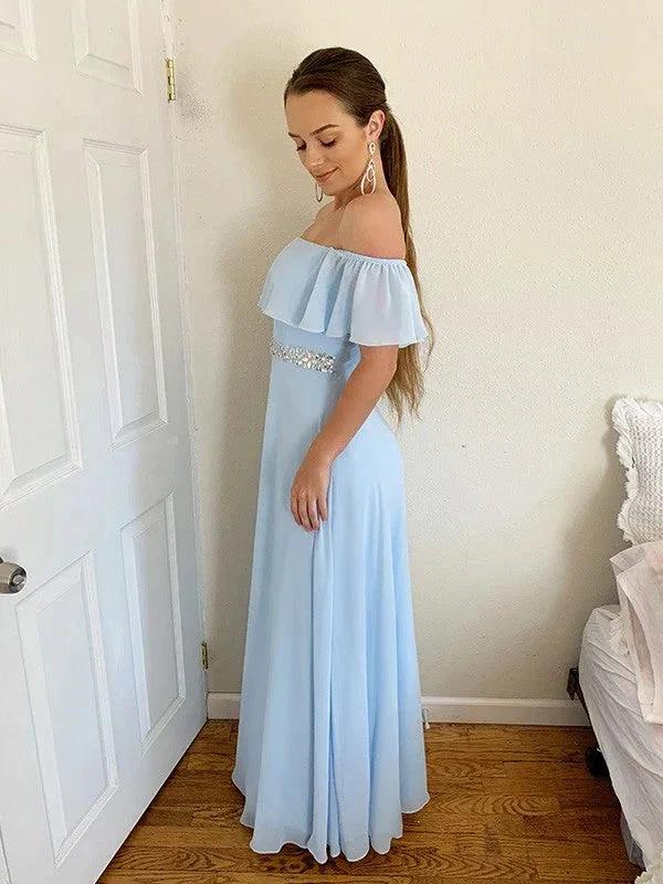 A-Line/Elegant Off-the-Shoulder Beading Chiffon Floor-Length Sleeveless Prom Dresses by misshow.com