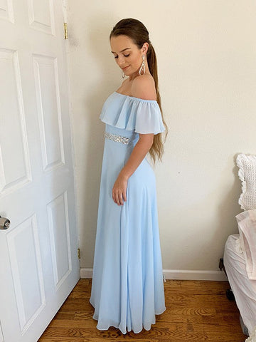 A-Linie/Elegant Off-the-Shoulder Perlen verziert Chiffon Bodenlang Ärmellos Ballkleider