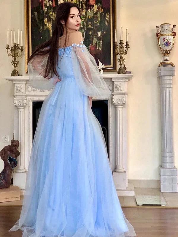 A-Line/Elegant Off-the-Shoulder Beading Long Sleeves Floor-Length Tulle Prom Dresses by misshow.com