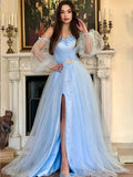 A-Line/Elegant Off-the-Shoulder Beading Long Sleeves Floor-Length Tulle Prom Dresses by misshow.com