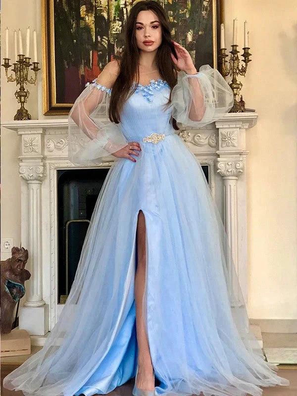 A-Line/Elegant Off-the-Shoulder Beading Long Sleeves Floor-Length Tulle Prom Dresses by misshow.com