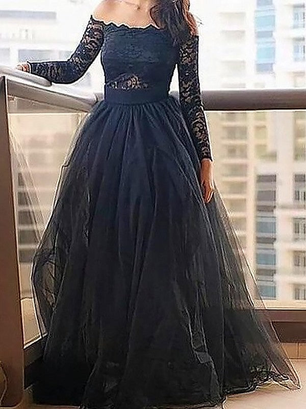 A-Line/Elegant Off-the-Shoulder Long Sleeves Lace Floor-Length Tulle Prom Dresses Hover Image