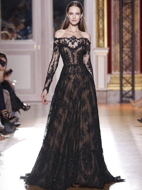 Vestidos de fiesta elegantes de encaje con mangas largas y hombros descubiertos en forma de A Hover Image