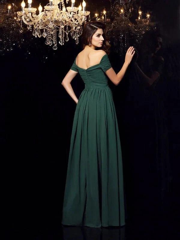 A-Line/Elegant Off-the-Shoulder Ruched Sleeveless Long Chiffon Prom Dresses by misshow.com