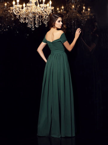 A-Linie/Elegant Off-the-Shoulder-Träger Geraffte Ärmellos Lange Chiffon Ballkleider