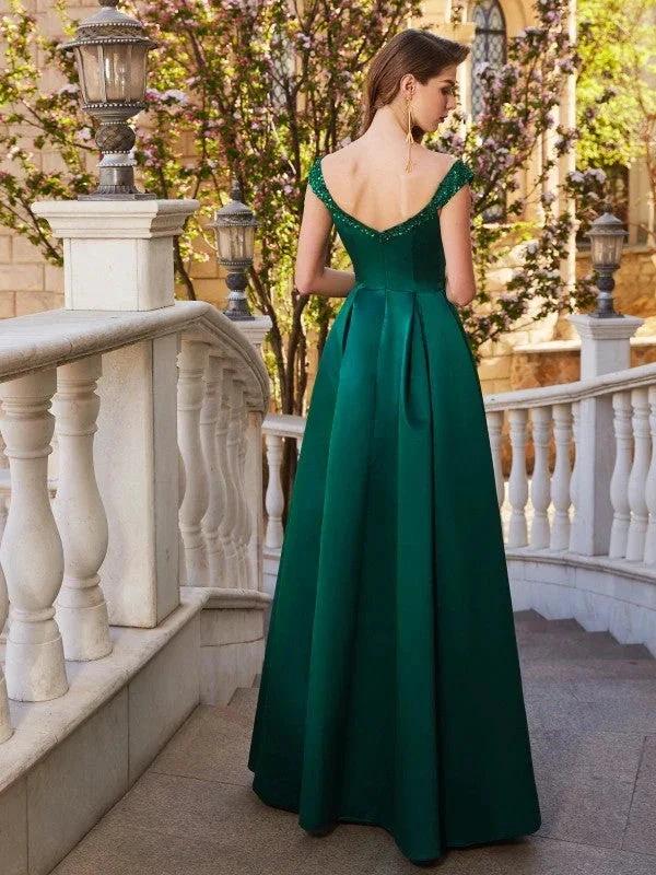 A-Line/Elegant Off-the-Shoulder Sequin Sleeveless Satin Floor-Length Prom Dresses by misshow.com