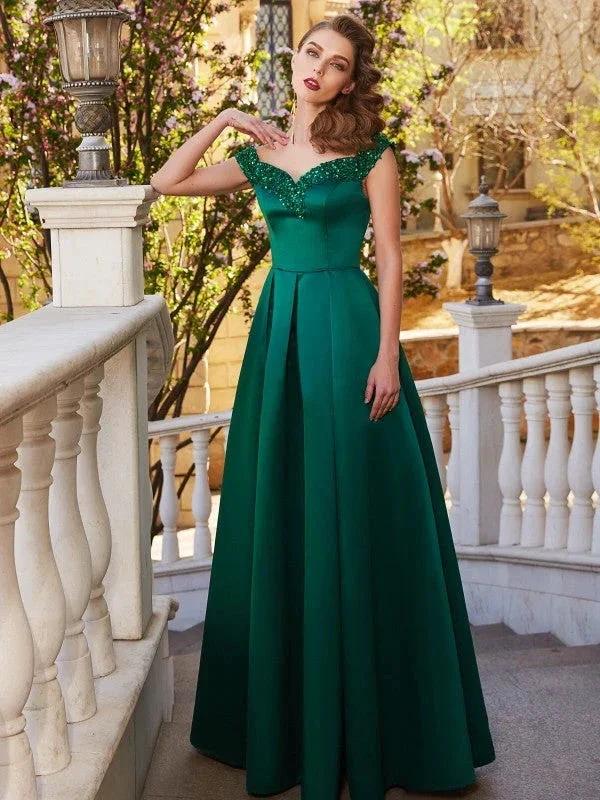 A-Line/Elegant Off-the-Shoulder Sequin Sleeveless Satin Floor-Length Prom Dresses by misshow.com