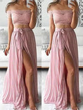 A-Line/Elegant Off-the-Shoulder Sleeveless Chiffon Floor-Length Lace Two Piece Prom Dresses by misshow.com