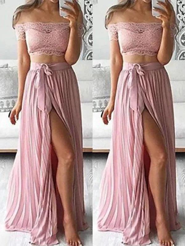 A-Line/Elegant Off-the-Shoulder Sleeveless Chiffon Floor-Length Lace Two Piece Prom Dresses by misshow.com
