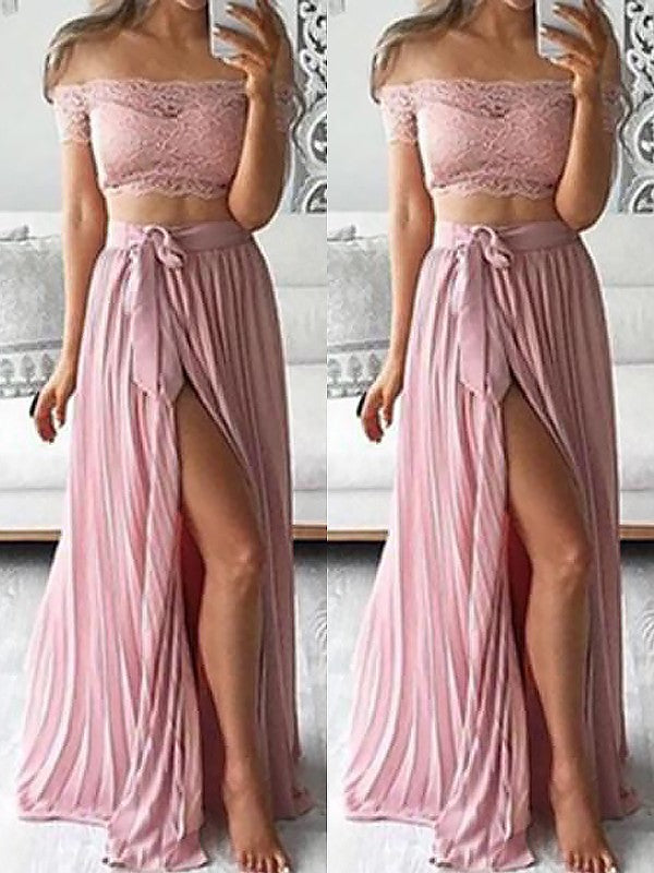 A-Line/Elegant Off-the-Shoulder Sleeveless Chiffon Floor-Length Lace Two Piece Prom Dresses Hover Image