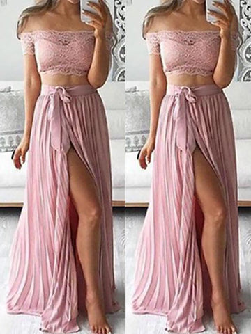 A-Linie/Elegant Off-the-Shoulder Ärmellos Chiffon Bodenlang Spitze Zweiteilige Ballkleider