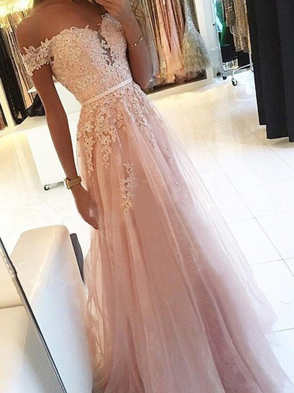 A-Line/Elegant Off-the-Shoulder Sleeveless Floor-Length Applique Tulle Prom Dresses Hover Image