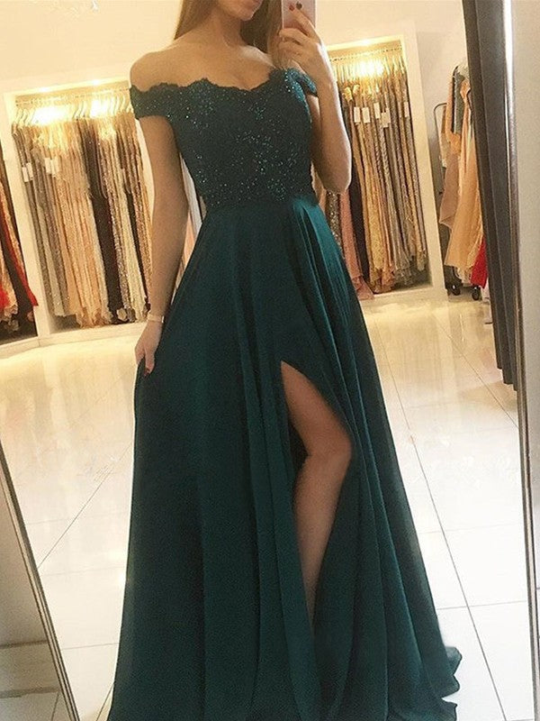 A-Line/Elegant Off-the-Shoulder Sleeveless Floor-Length Beading Chiffon Prom Dresses Hover Image