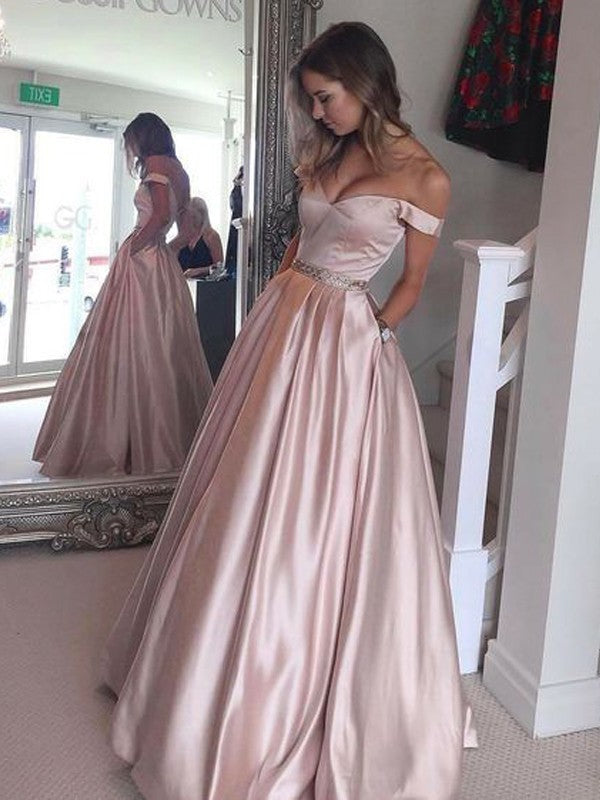 A-Line/Elegant Off-the-Shoulder Sleeveless Floor-Length Satin Prom Dresses Hover Image