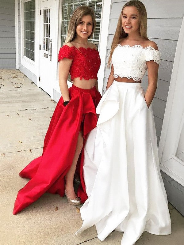 A-Line/Elegant Off-the-Shoulder Sleeveless Lace Satin Two Piece Prom Dresses Main Image