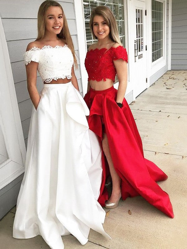 A-Line/Elegant Off-the-Shoulder Sleeveless Lace Satin Two Piece Prom Dresses Hover Image