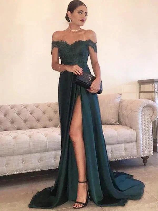 A-Line/Elegant Off-the-Shoulder Sleeveless Lace Silk like Satin Prom Dresses by misshow.com