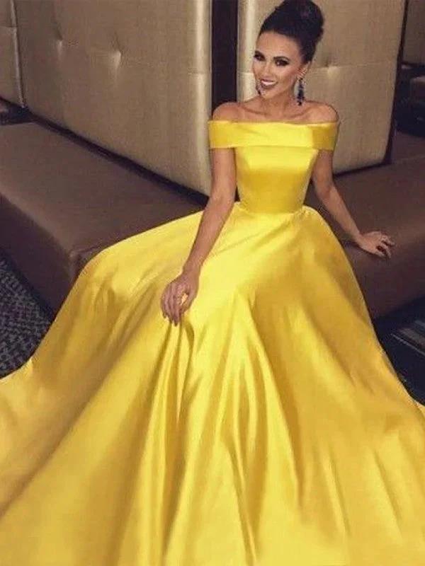 A-Line/Elegant Off-the-Shoulder Sleeveless Ruffles Satin Prom Dresses by misshow.com