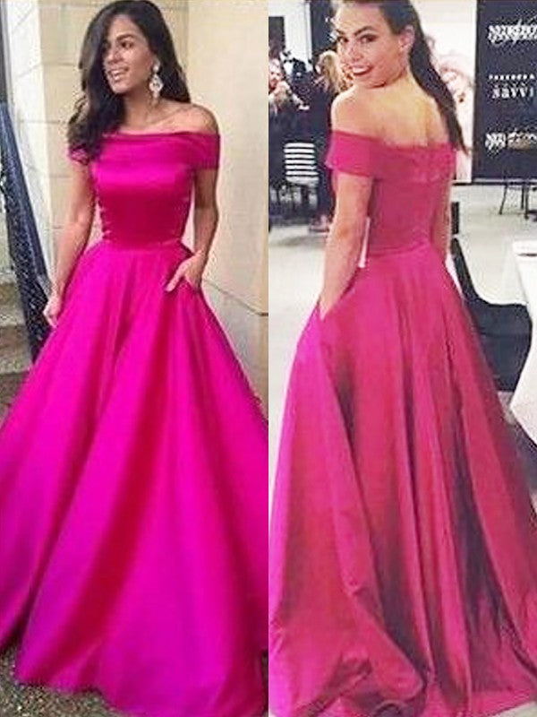A-Line/Elegant Off-the-Shoulder Sleeveless Ruffles Satin Prom Dresses Hover Image