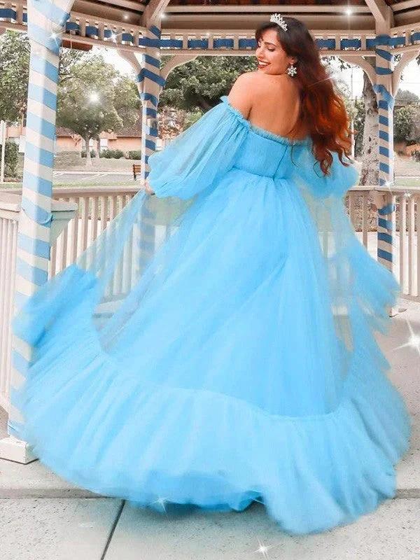 A-Line/Elegant Off-the-Shoulder Tulle Applique Long Sleeves Floor-Length Prom Dresses by misshow.com