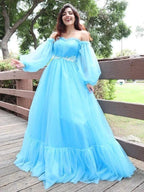 A-Line/Elegant Off-the-Shoulder Tulle Applique Long Sleeves Floor-Length Prom Dresses by misshow.com