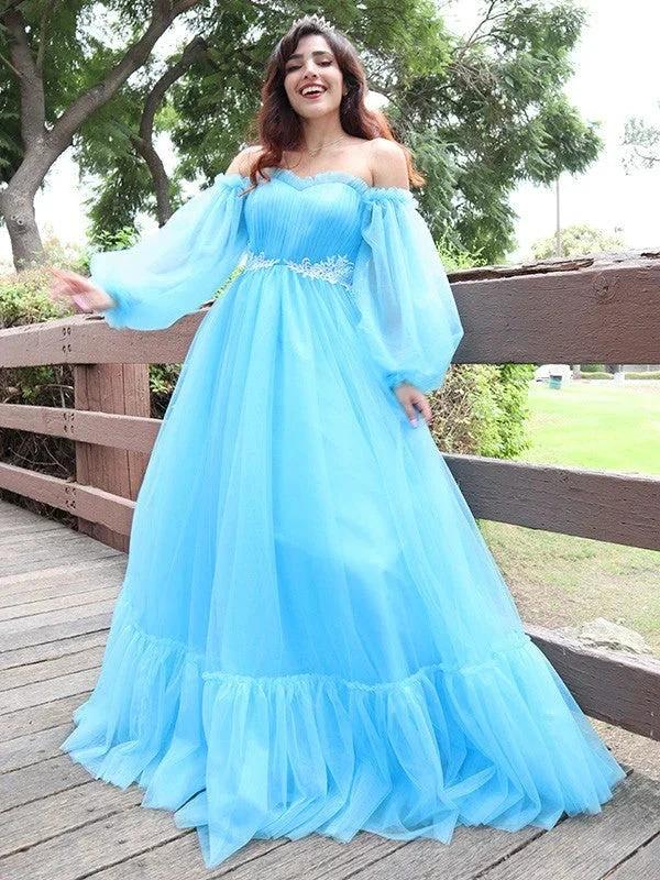 A-Line/Elegant Off-the-Shoulder Tulle Applique Long Sleeves Floor-Length Prom Dresses by misshow.com