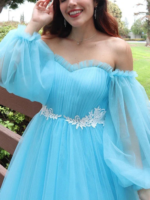 A-Line/Elegant Off-the-Shoulder Tulle Applique Long Sleeves Floor-Length Prom Dresses by misshow.com