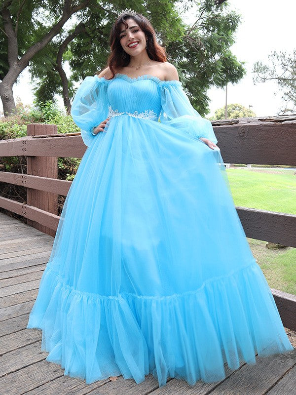 A-Line/Elegant Off-the-Shoulder Tulle Applique Long Sleeves Floor-Length Prom Dresses Hover Image