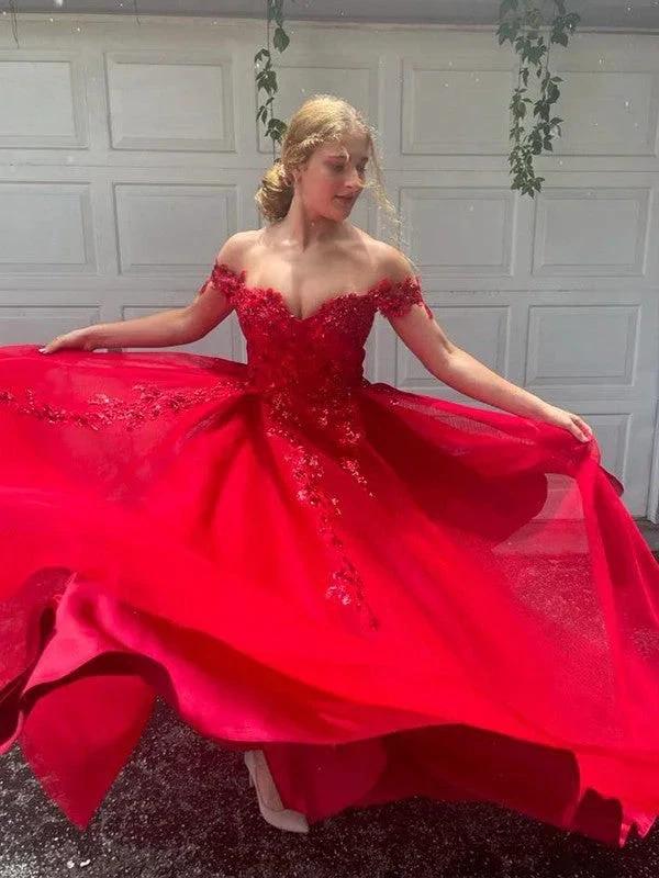 A-Line/Elegant Off-the-Shoulder Tulle Applique Sleeveless Floor-Length Prom Dresses by misshow.com