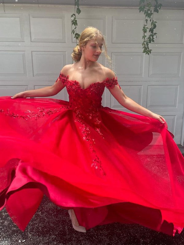 A-Line/Elegant Off-the-Shoulder Tulle Applique Sleeveless Floor-Length Prom Dresses Main Image
