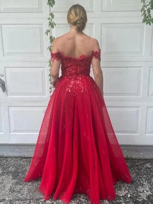 A-Line/Elegant Off-the-Shoulder Tulle Applique Sleeveless Floor-Length Prom Dresses by misshow.com