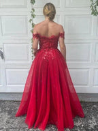 A-Line/Elegant Off-the-Shoulder Tulle Applique Sleeveless Floor-Length Prom Dresses by misshow.com