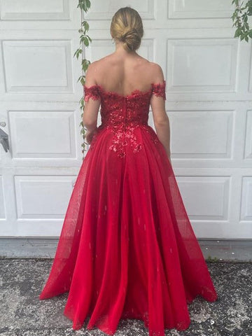A-Linie/Elegant Off-the-Shoulder Tüll Applikationen Ärmellos Bodenlang Ballkleider