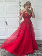 A-Line/Elegant Off-the-Shoulder Tulle Applique Sleeveless Floor-Length Prom Dresses by misshow.com