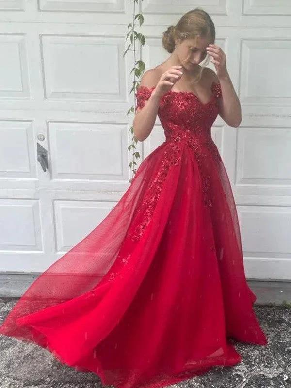 A-Line/Elegant Off-the-Shoulder Tulle Applique Sleeveless Floor-Length Prom Dresses by misshow.com