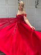 A-Line/Elegant Off-the-Shoulder Tulle Applique Sleeveless Floor-Length Prom Dresses by misshow.com