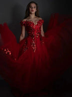 A-Line/Elegant Off-the-Shoulder Tulle Applique Sleeveless Floor-Length Prom Dresses by misshow.com