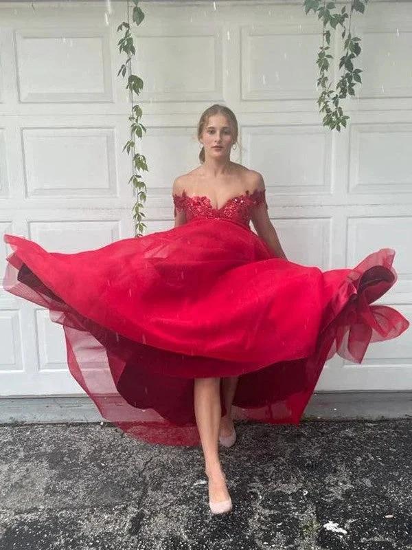 A-Line/Elegant Off-the-Shoulder Tulle Applique Sleeveless Floor-Length Prom Dresses by misshow.com