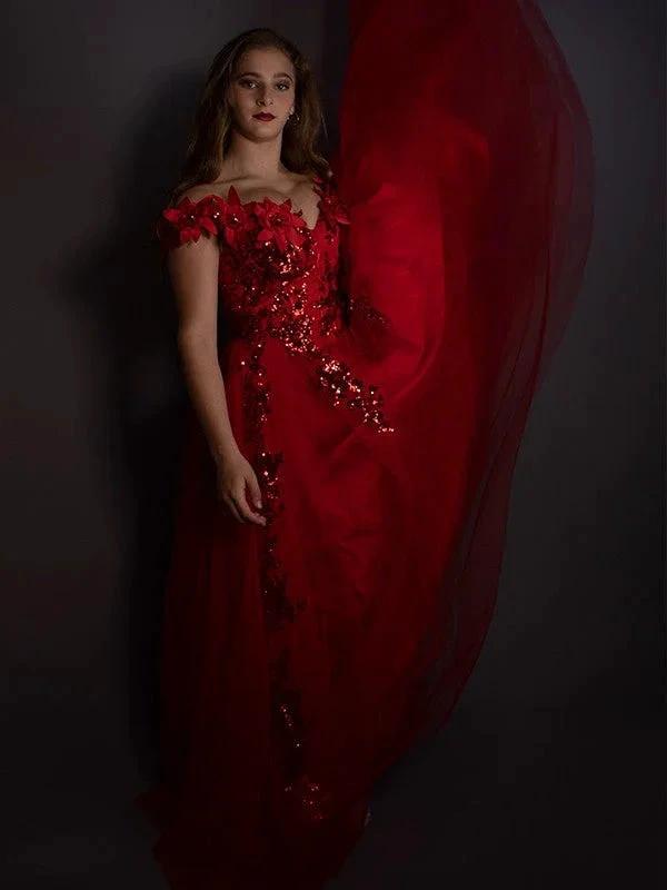 A-Line/Elegant Off-the-Shoulder Tulle Applique Sleeveless Floor-Length Prom Dresses by misshow.com